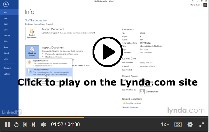 Screenshot of Lynda.com lesson on checking accessibility in Microsoft Word