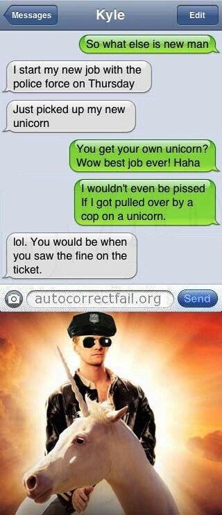 Screenshot of autocorrect on a phone, with the image of a police officer riding a unicorn